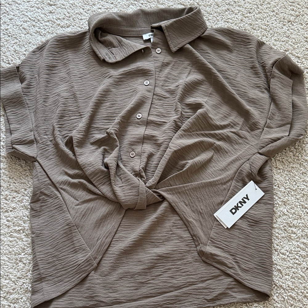 DKNY Taupe Knot-Front Short Sleeve Button Top
